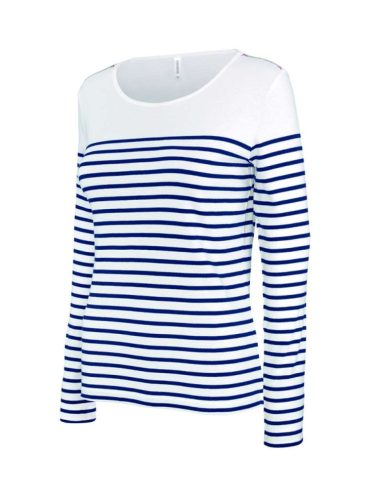 Női hosszú ujjú, csíkos pamut póló, Kariban KA386, Striped White/Navy-S