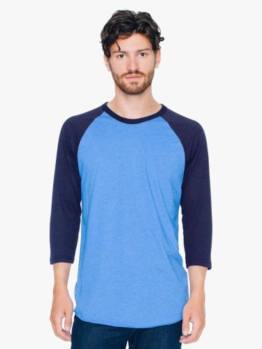 AABB453 3/4 ujjú kétszínű unisex póló American Apparel, Heather Lake Blue/Navy-2XL