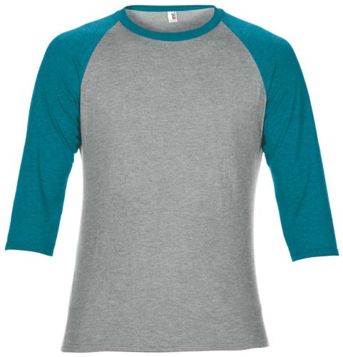 AN6755 3/4 ujjú tri-blend férfi póló Anvil, Heather Grey/Heather Galapagos Blue-2XL