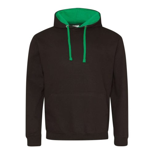 Just Hoods Uniszex kapucnis pulóver  kontrasztos színű kapucni béléssel AWJH003, Jet Black/Kelly Green-L