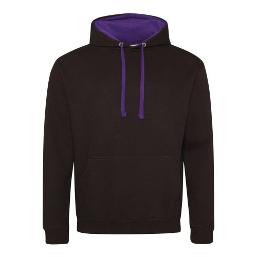 Just Hoods Uniszex kapucnis pulóver  kontrasztos színű kapucni béléssel AWJH003, Jet Black/Purple-2XL