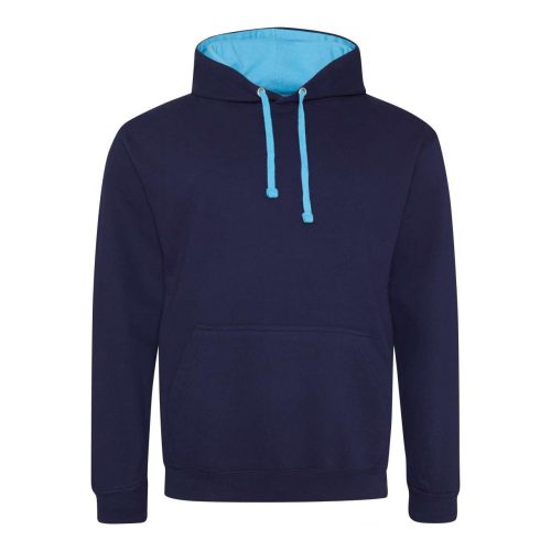 Just Hoods Uniszex kapucnis pulóver  kontrasztos színű kapucni béléssel AWJH003, Oxford Navy/Hawaiian Blue-S