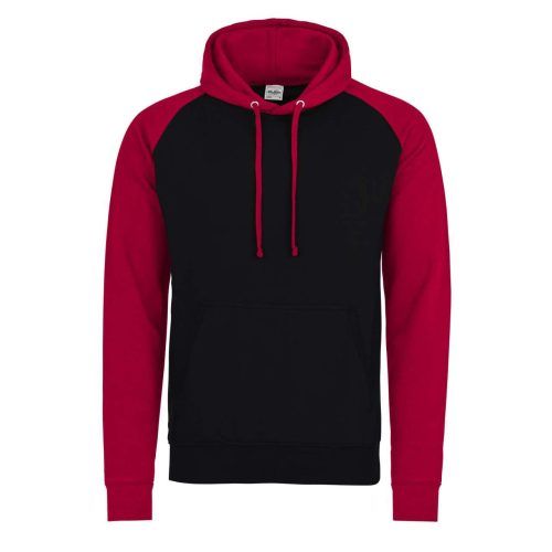 Just Hoods Uniszex raglános kétszínű kapucnis pulóver AWJH009, Jet Black/Fire Red-2XL