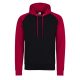 Just Hoods Uniszex raglános kétszínű kapucnis pulóver AWJH009, Jet Black/Fire Red-2XL