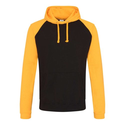 Just Hoods Uniszex raglános kétszínű kapucnis pulóver AWJH009, Jet Black/Gold-2XL