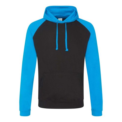 Just Hoods Uniszex raglános kétszínű kapucnis pulóver AWJH009, Jet Black/Sapphire Blue-2XL