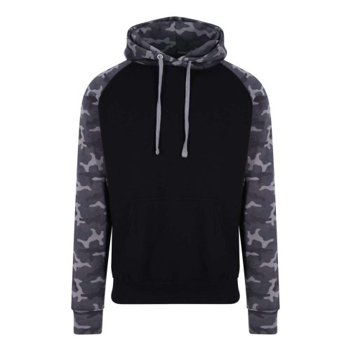 Just Hoods Uniszex raglános kétszínű kapucnis pulóver AWJH009, Solid Black/Black Camo-2XL