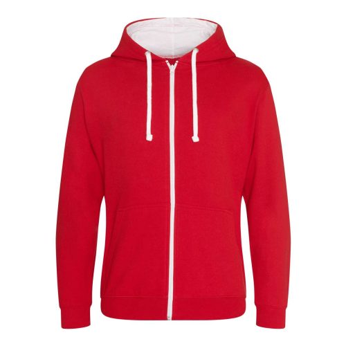 Just Hoods Uniszex pulóver kontrasztos színű cipzárral kapucnival AWJH053, Fire Red/Arctic White-M