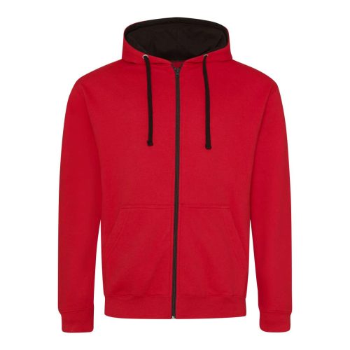 Just Hoods Uniszex pulóver kontrasztos színű cipzárral kapucnival AWJH053, Fire Red/Jet Black-L