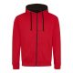 Just Hoods Uniszex pulóver kontrasztos színű cipzárral kapucnival AWJH053, Fire Red/Jet Black-M