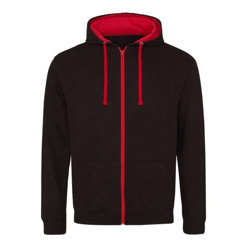 Just Hoods Uniszex pulóver kontrasztos színű cipzárral kapucnival AWJH053, Jet Black/Fire Red-L