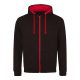 Just Hoods Uniszex pulóver kontrasztos színű cipzárral kapucnival AWJH053, Jet Black/Fire Red-L