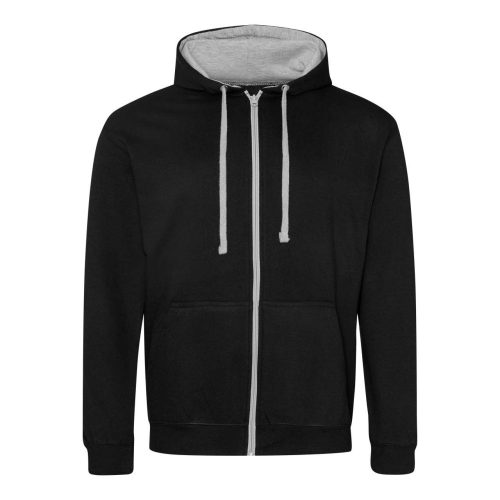 Just Hoods Uniszex pulóver kontrasztos színű cipzárral kapucnival AWJH053, Jet Black/Heather Grey-2XL