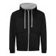 Just Hoods Uniszex pulóver kontrasztos színű cipzárral kapucnival AWJH053, Jet Black/Heather Grey-L