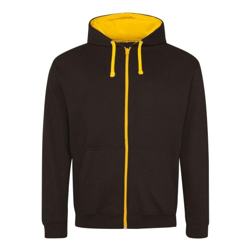 Just Hoods Uniszex pulóver kontrasztos színű cipzárral kapucnival AWJH053, Jet Black/Gold-2XL