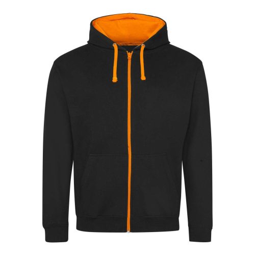 Just Hoods Uniszex pulóver kontrasztos színű cipzárral kapucnival AWJH053, Jet Black/Orange Crush-XL