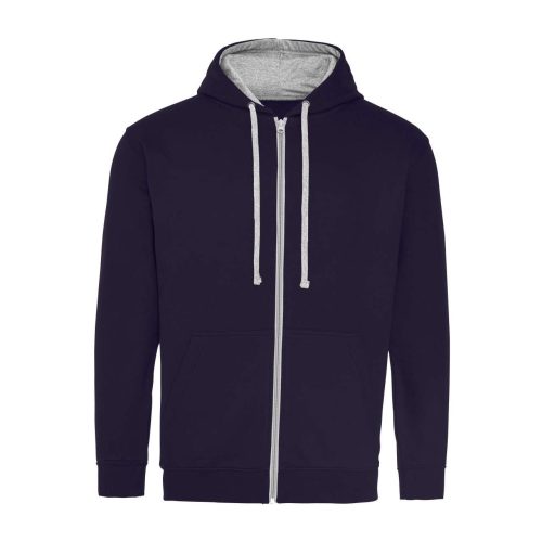 Just Hoods Uniszex pulóver kontrasztos színű cipzárral kapucnival AWJH053, New French Navy/Heather Grey-L