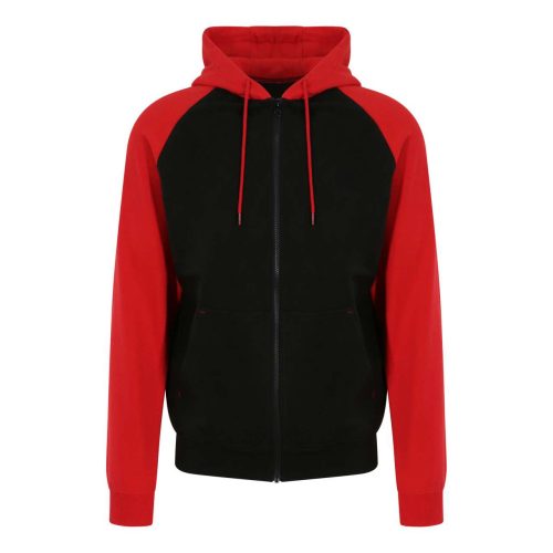 Just Hoods Uniszex kétszínű kapucnis cipzáros pulóver AWJH063, Jet Black/Fire Red-M