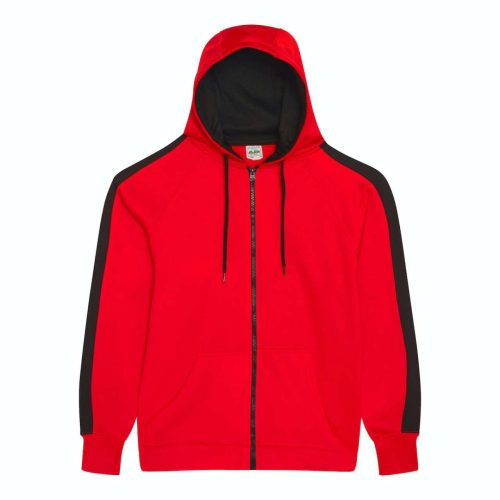 Just Hoods Uniszex sport kapucnis cipzáros pulóver kontrasztos betéttel AWJH066, Fire Red/Jet Black-2XL