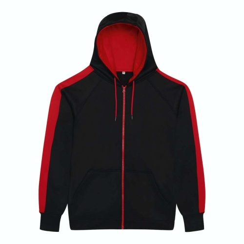 Just Hoods Uniszex sport kapucnis cipzáros pulóver kontrasztos betéttel AWJH066, Jet Black/Fire Red-3XL