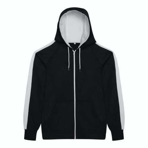 Just Hoods Uniszex sport kapucnis cipzáros pulóver kontrasztos betéttel AWJH066, Jet Black/Arctic White-2XL