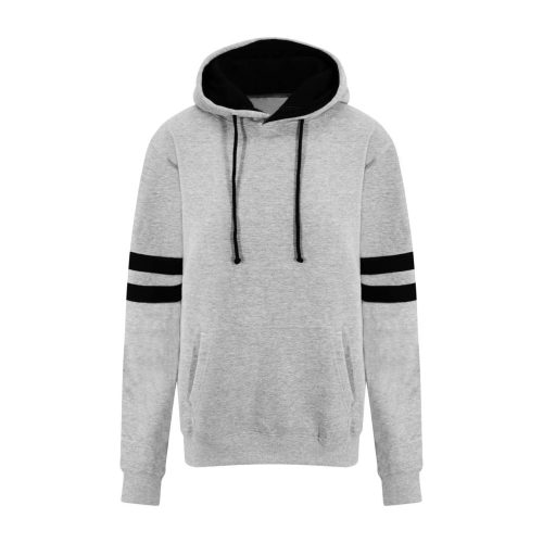 Just Hoods Uniszex kapucnis pulóver az ujjakon csíkkal AWJH103, Heather Grey/Deep Black-3XL