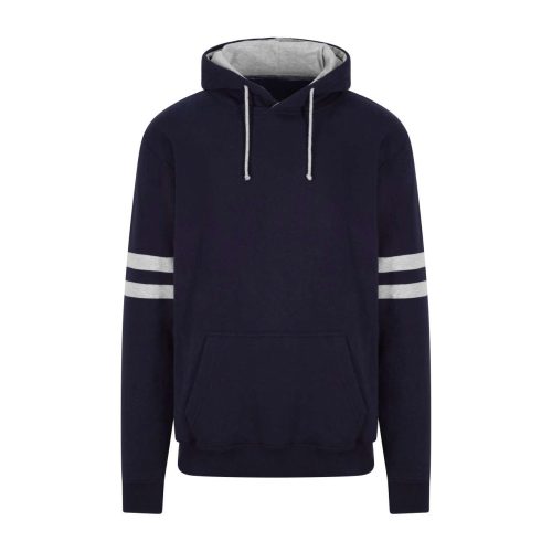 Just Hoods Uniszex kapucnis pulóver az ujjakon csíkkal AWJH103, New French Navy/Heather Grey-3XL