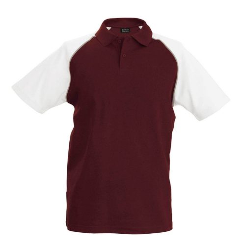 Férfi baseball galléros rövid ujjú piké póló, Kariban KA226, Bordeaux/White-3XL