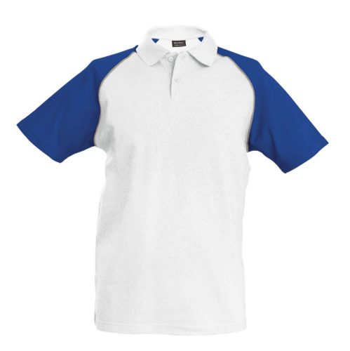 Férfi baseball galléros rövid ujjú piké póló, Kariban KA226, White/Royal Blue-M