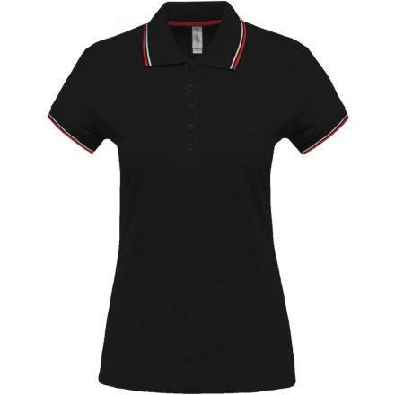 Női kontrasztcsíkos rövid ujjú galléros piké póló, Kariban KA251, Black/Red/White-L