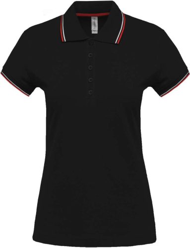 Női kontrasztcsíkos rövid ujjú galléros piké póló, Kariban KA251, Black/Red/White-M