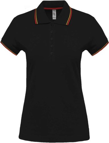 Női kontrasztcsíkos rövid ujjú galléros piké póló, Kariban KA251, Black/Red/Yellow-L