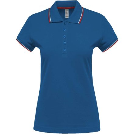 Női kontrasztcsíkos rövid ujjú galléros piké póló, Kariban KA251, Light Royal Blue/Red/White-M