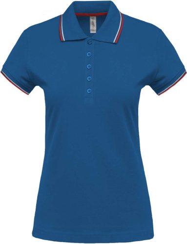 Női kontrasztcsíkos rövid ujjú galléros piké póló, Kariban KA251, Light Royal Blue/Red/White-XL