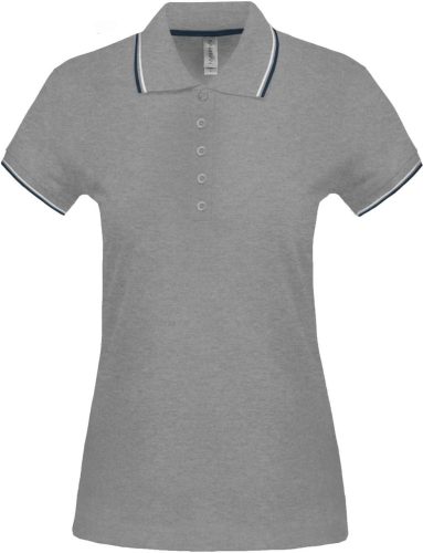 Női kontrasztcsíkos rövid ujjú galléros piké póló, Kariban KA251, Oxford Grey/Navy/White-M