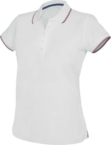 Női kontrasztcsíkos rövid ujjú galléros piké póló, Kariban KA251, White/Navy/Red-M