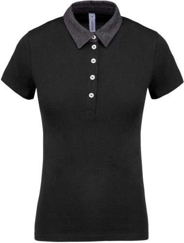 Női galléros jersey póló, kontrasztos gallérral, Kariban KA261, Black/Dark Grey Heather-2XL