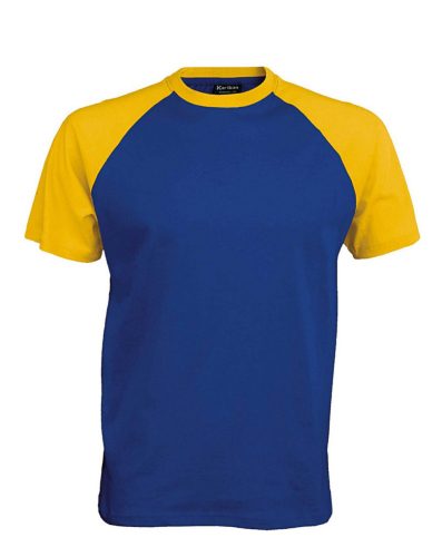 Férfi raglán ujjú kétszínű baseball póló, Kariban KA330, Royal Blue/Yellow-L