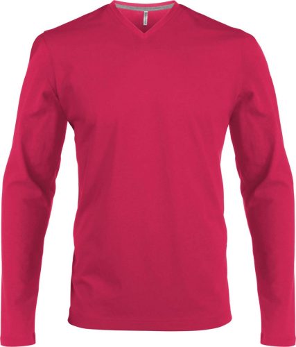 Férfi hosszú ujjú V-nyakú pamut póló, Kariban KA358, Fuchsia-2XL