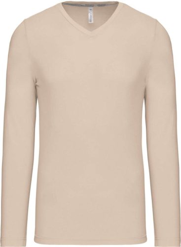 Férfi hosszú ujjú V-nyakú pamut póló, Kariban KA358, Light Sand-4XL