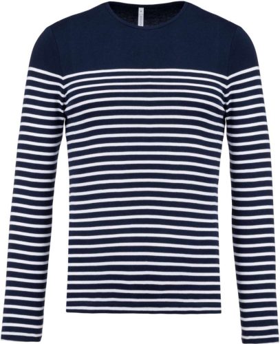 Férfi kereknyakú csíkos hosszú ujjú póló, Kariban KA366, Striped Navy/White-2XL