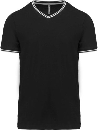 Férfi V-nyakú piké póló, kontrasztos szélekkel, Kariban KA374, Black/Light Grey/White-2XL