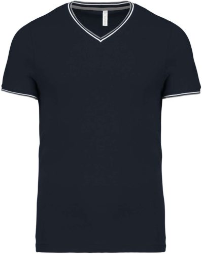 Férfi V-nyakú piké póló, kontrasztos szélekkel, Kariban KA374, Navy/Light Grey/White-2XL