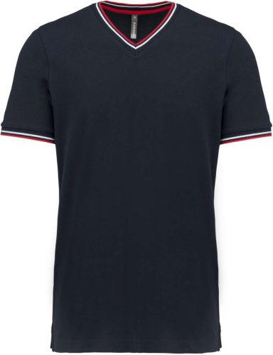 Férfi V-nyakú piké póló, kontrasztos szélekkel, Kariban KA374, Navy/Red/White-3XL