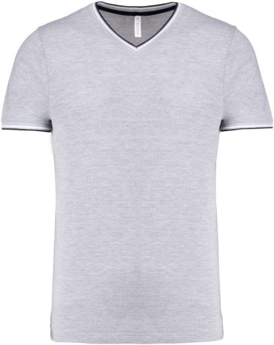 Férfi V-nyakú piké póló, kontrasztos szélekkel, Kariban KA374, Oxford Grey/Navy/White-2XL