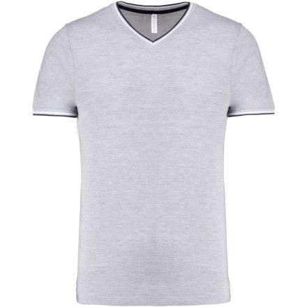 Férfi V-nyakú piké póló, kontrasztos szélekkel, Kariban KA374, Oxford Grey/Navy/White-3XL