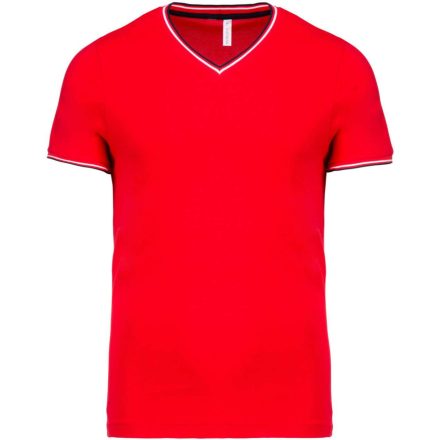 Férfi V-nyakú piké póló, kontrasztos szélekkel, Kariban KA374, Red/Navy/White-2XL