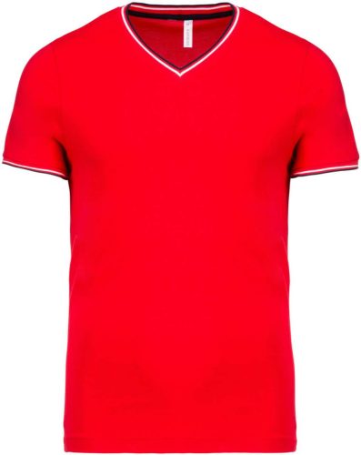 Férfi V-nyakú piké póló, kontrasztos szélekkel, Kariban KA374, Red/Navy/White-2XL