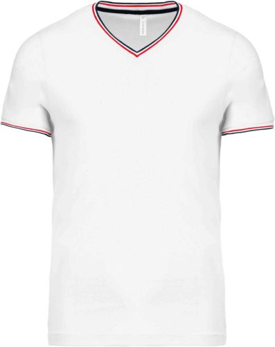 Férfi V-nyakú piké póló, kontrasztos szélekkel, Kariban KA374, White/Navy/Red-3XL