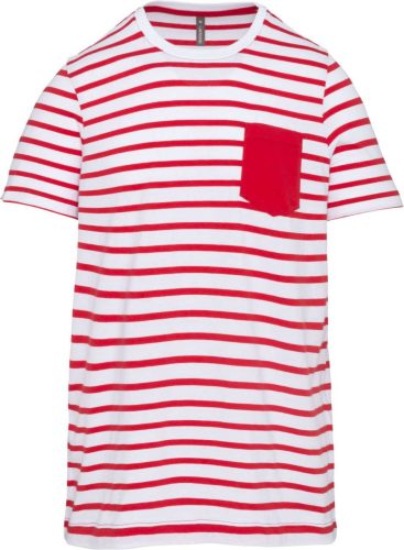 Gyermek matrózcsíkos pamut póló zsebbel, Kariban KA379, Striped White/Red-10/12